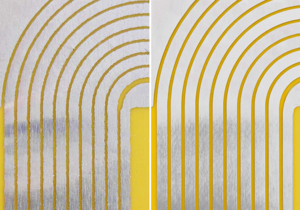 Before and after image of etched aluminium component